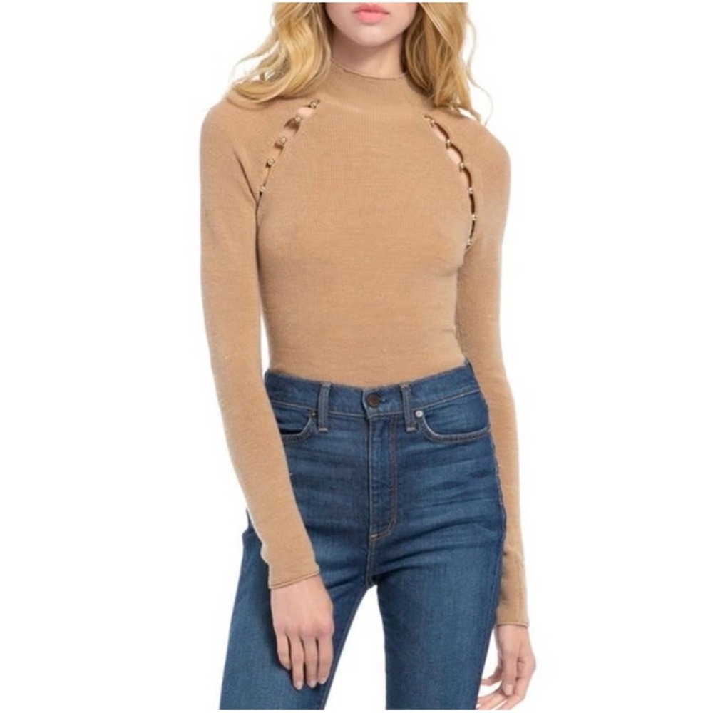 Alice + Olivia Sweater Womens S Tan Wool Gold Hardware Mock Neck Luxury‎